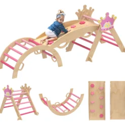 8-i-1 träklättertriangel Montessori klätterställning krontema med båge och ramp rosa