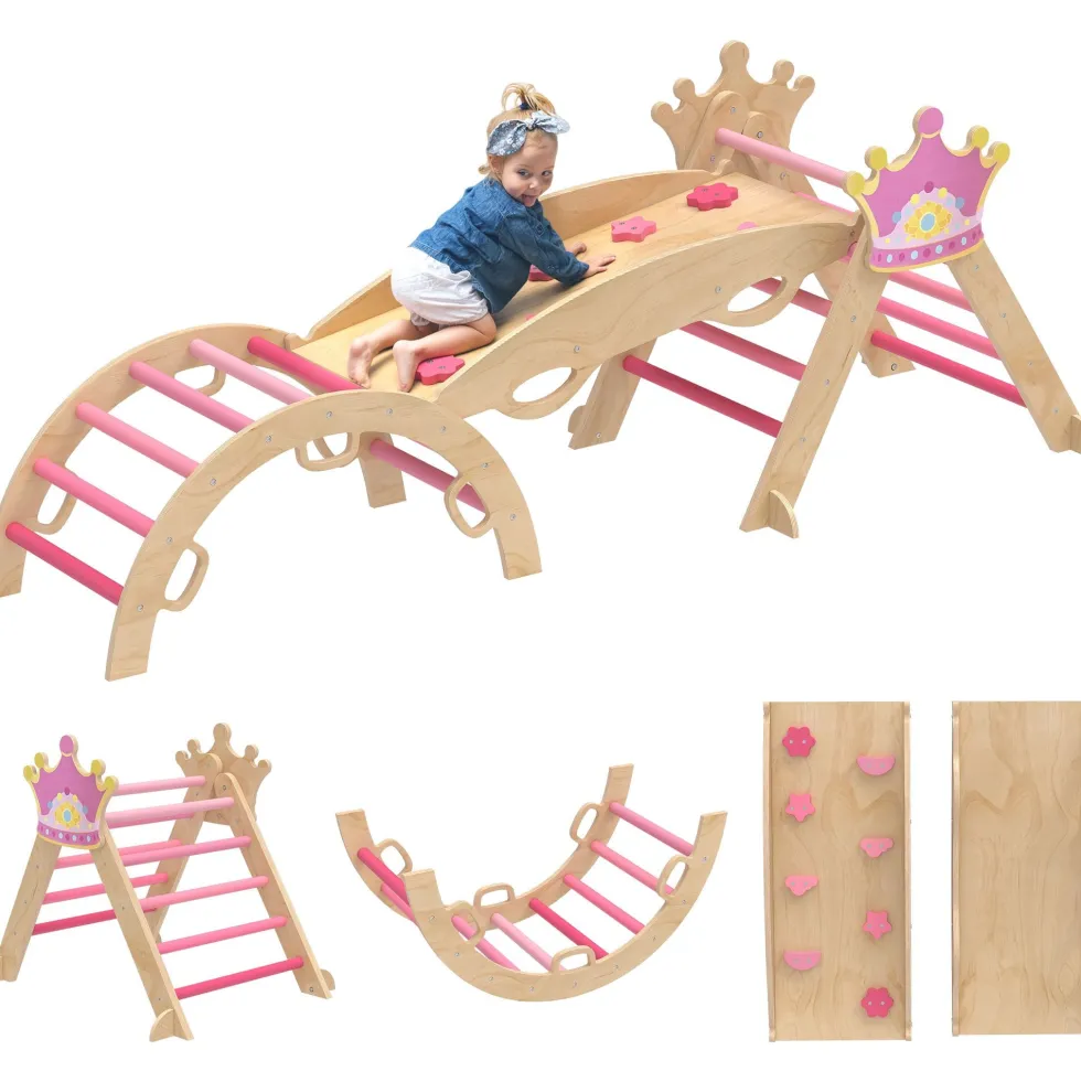 8-i-1 träklättertriangel Montessori klätterställning krontema med båge och ramp rosa