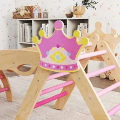 8-i-1 träklättertriangel Montessori klätterställning krontema med båge och ramp rosa