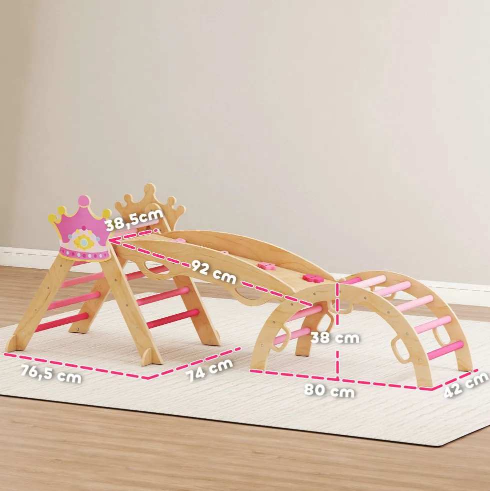 8-i-1 träklättertriangel Montessori klätterställning krontema med båge och ramp rosa