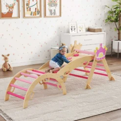 8-i-1 träklättertriangel Montessori klätterställning krontema med båge och ramp rosa