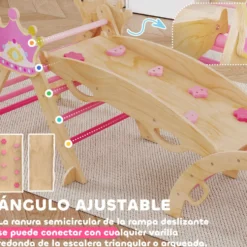 8-i-1 träklättertriangel Montessori klätterställning krontema med båge och ramp rosa