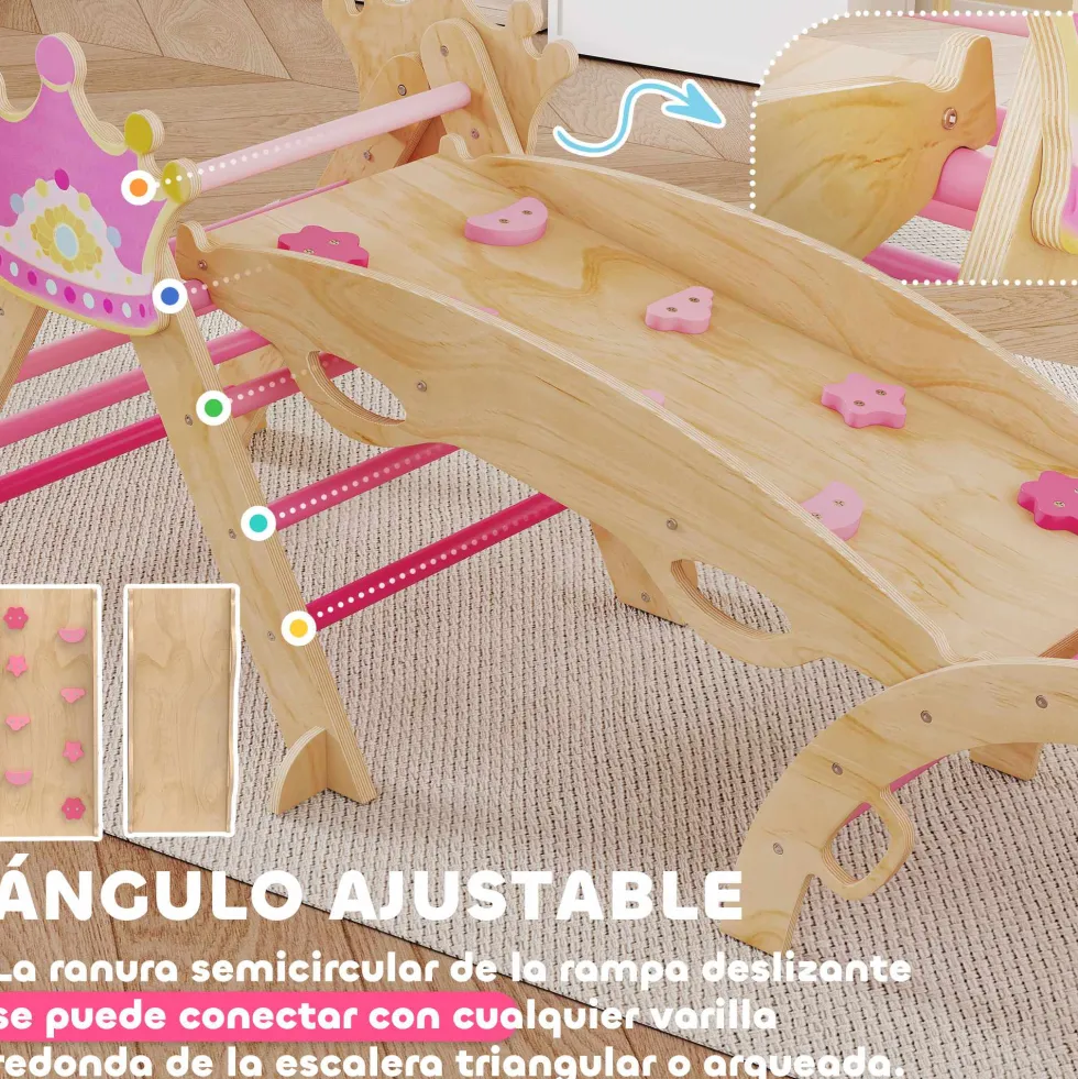 8-i-1 träklättertriangel Montessori klätterställning krontema med båge och ramp rosa