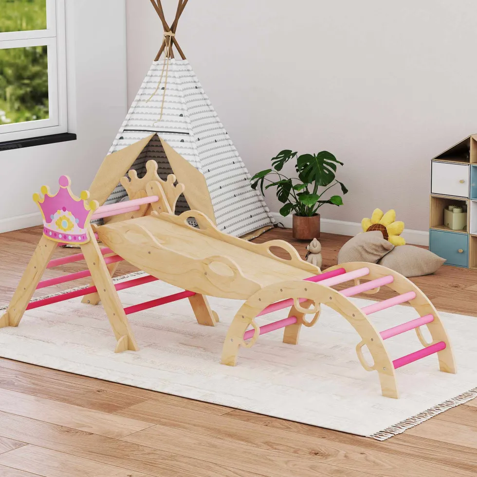 8-i-1 träklättertriangel Montessori klätterställning krontema med båge och ramp rosa