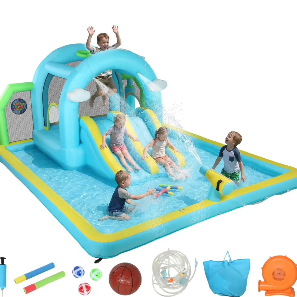 7-i-1 uppblåsbart vattenslott med fläkt, 2 rutschkanor, studsmatta, pool, basketkorg och boxningspelare (426x360x198 cm)