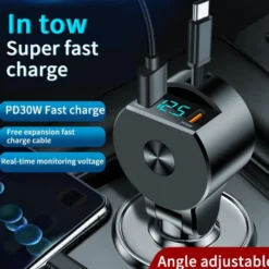 3-i-1 Upprullningsbar Billaddare 75W USB-C & USB-A Snabbladdning med LED Voltmeter, 12-24V