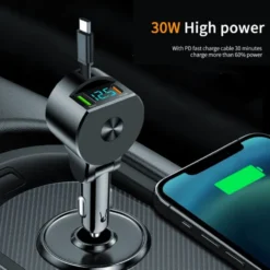 3-i-1 Upprullningsbar Billaddare 75W USB-C & USB-A Snabbladdning med LED Voltmeter, 12-24V
