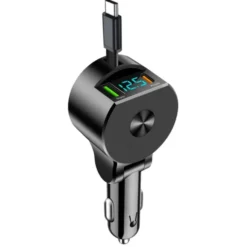 3-i-1 Upprullningsbar Billaddare 75W USB-C & USB-A Snabbladdning med LED Voltmeter, 12-24V
