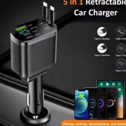 5-i-1 USB-C 100W Snabbladdare för Bil - Billaddare med Utdragbara Kablar