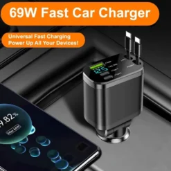5-i-1 USB-C 100W Snabbladdare för Bil - Billaddare med Utdragbara Kablar