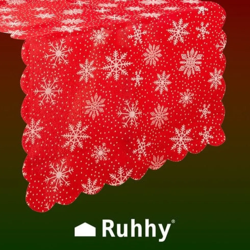 Julbordslöpare röd med vita snöflingor 220x35 cm polyester