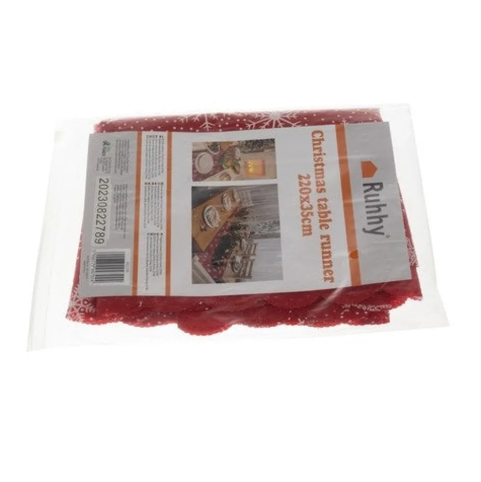 Julbordslöpare röd med vita snöflingor 220x35 cm polyester