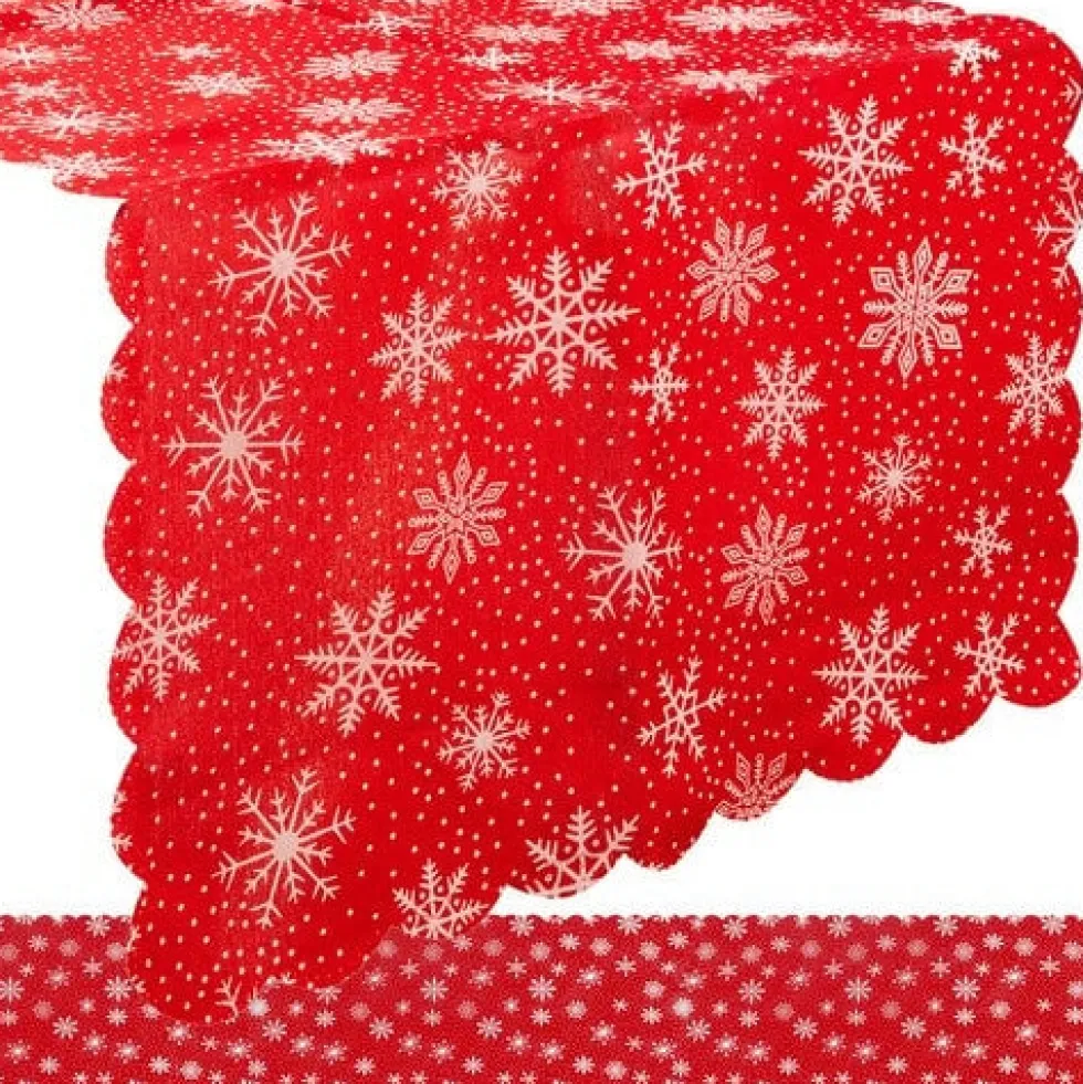 Julbordslöpare röd med vita snöflingor 220x35 cm polyester