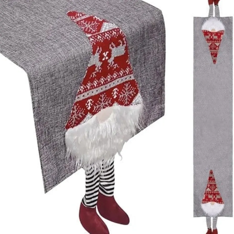 Julbordslöpare 180x33 cm polyester grå med tomtar röd/vit
