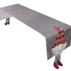Julbordslöpare 180x33 cm polyester grå med tomtar röd/vit