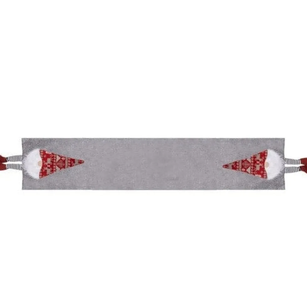 Julbordslöpare 180x33 cm polyester grå med tomtar röd/vit