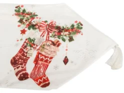 Julbordslöpare 205x35 cm vit med julmotiv och tofsar