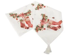 Julbordslöpare 205x35 cm vit med julmotiv och tofsar