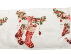 Julbordslöpare 205x35 cm vit med julmotiv och tofsar