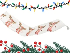 Julbordslöpare 205x35 cm vit med julmotiv och tofsar