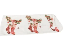 Julbordslöpare 205x35 cm vit med julmotiv och tofsar