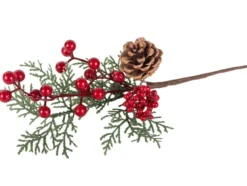 Juldekoration kvist med rönnbär blad och kotte plast 28 cm