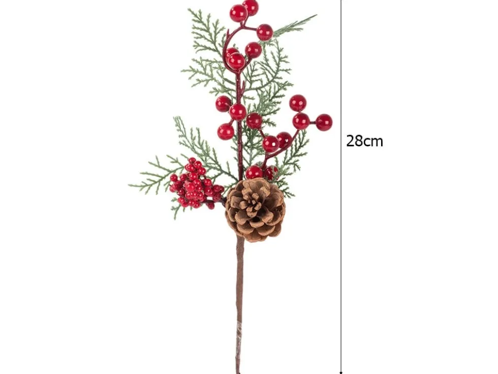 Juldekoration kvist med rönnbär blad och kotte plast 28 cm
