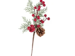 Juldekoration kvist med rönnbär blad och kotte plast 28 cm