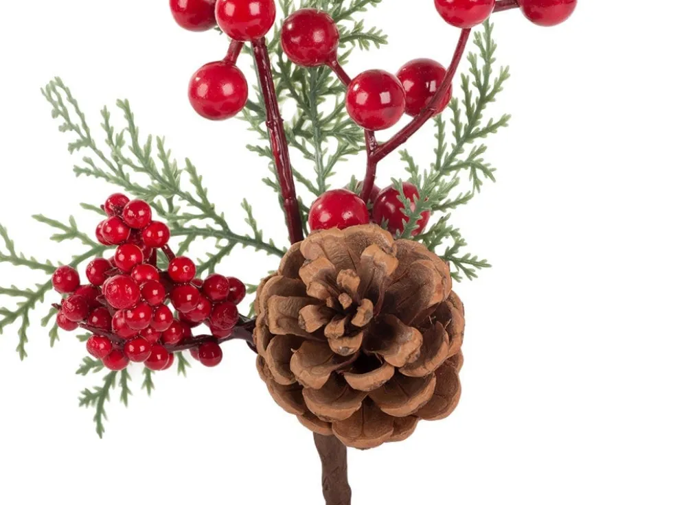 Juldekoration kvist med rönnbär blad och kotte plast 28 cm