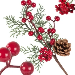 Juldekoration kvist med rönnbär blad och kotte plast 28 cm