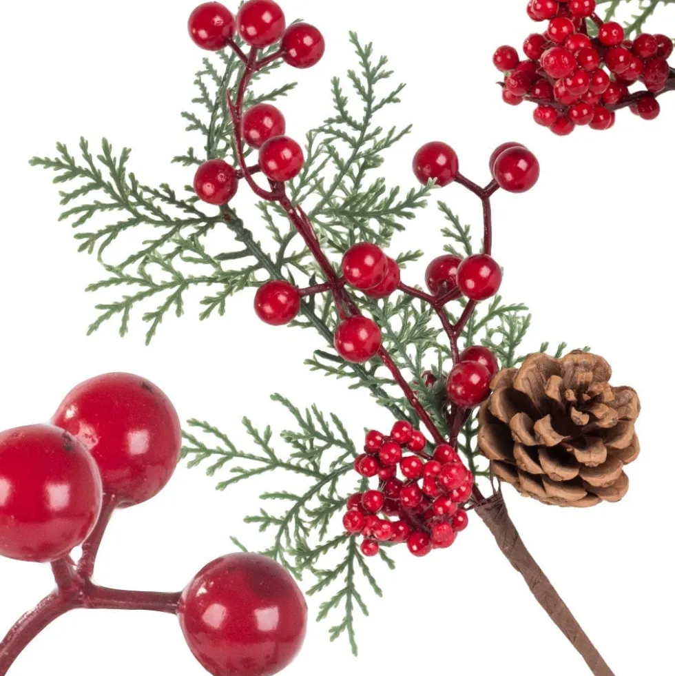 Juldekoration kvist med rönnbär blad och kotte plast 28 cm