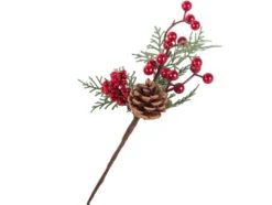 Juldekoration kvist med rönnbär blad och kotte plast 28 cm