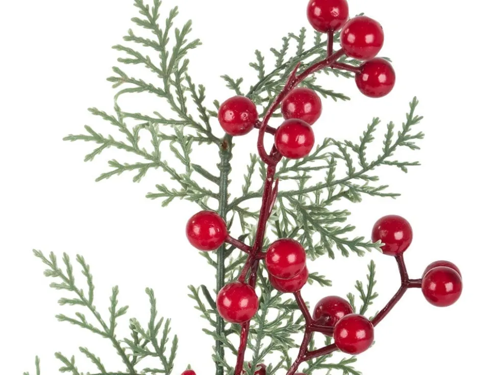 Juldekoration kvist med rönnbär blad och kotte plast 28 cm