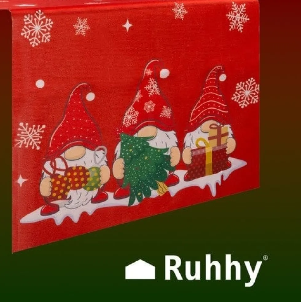 Julduk bordslöpare 220x40 cm polyester röd med tomtar och snöflingor