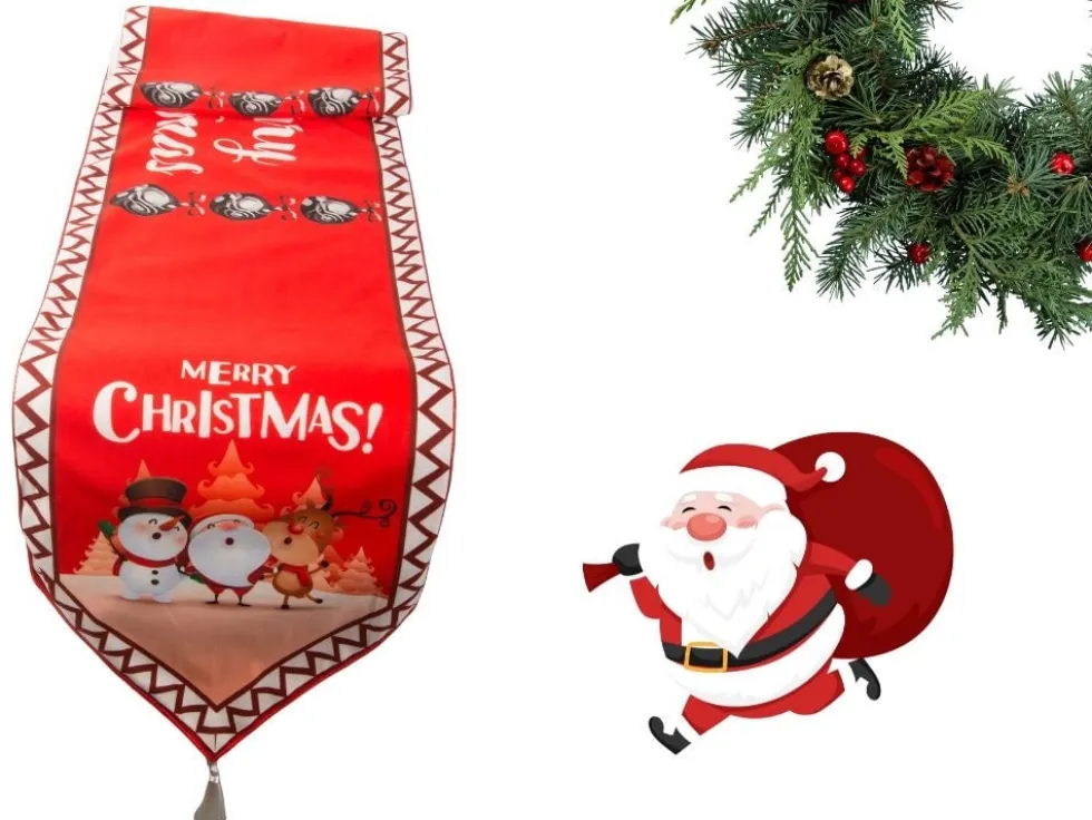 Julduk bordsrunner 205x35 cm röd med julmotiv och tofsar