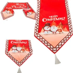 Julduk bordsrunner 205x35 cm röd med julmotiv och tofsar