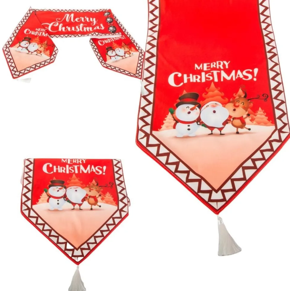 Julduk bordsrunner 205x35 cm röd med julmotiv och tofsar
