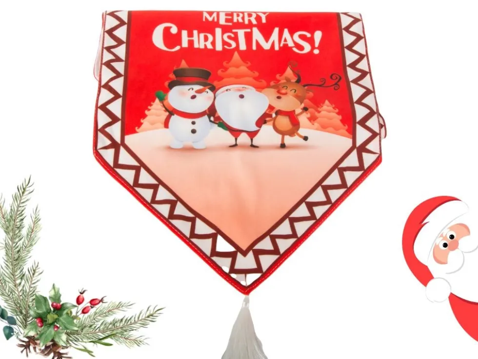 Julduk bordsrunner 205x35 cm röd med julmotiv och tofsar
