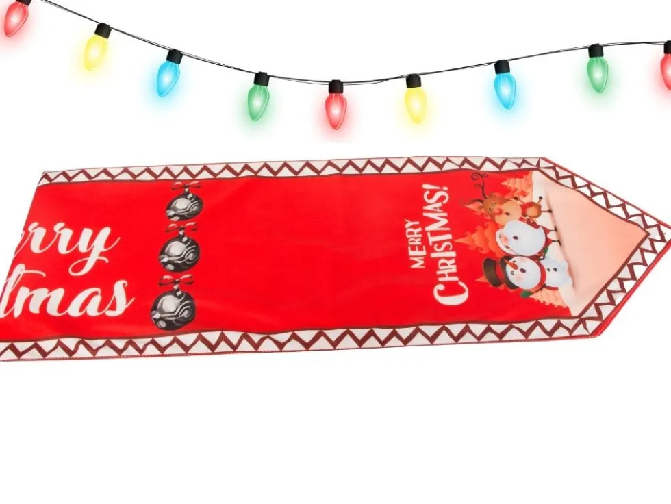 Julduk bordsrunner 205x35 cm röd med julmotiv och tofsar