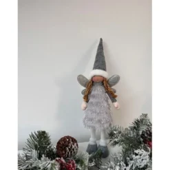 Julfigur stående älva med glittrande vingar 40 cm vit/grå/silver