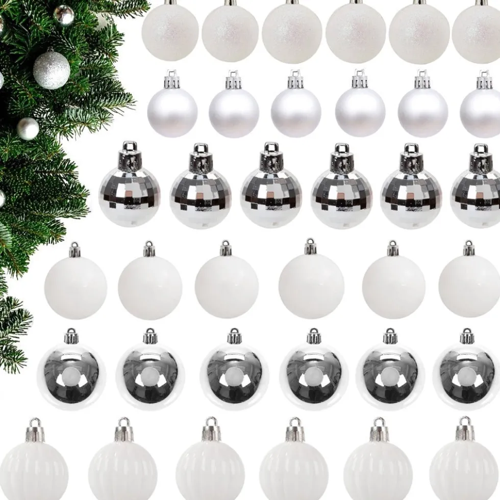 Julgranskulor plast 6 cm, 36-pack, silver/vit, 6 designer