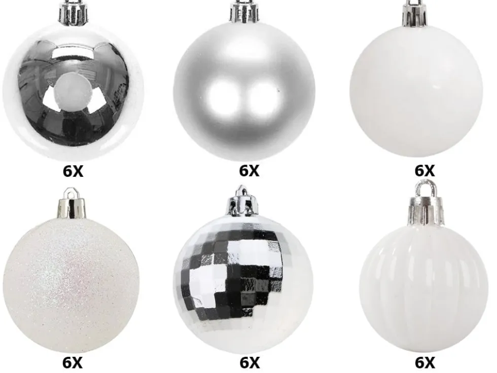 Julgranskulor plast 6 cm, 36-pack, silver/vit, 6 designer