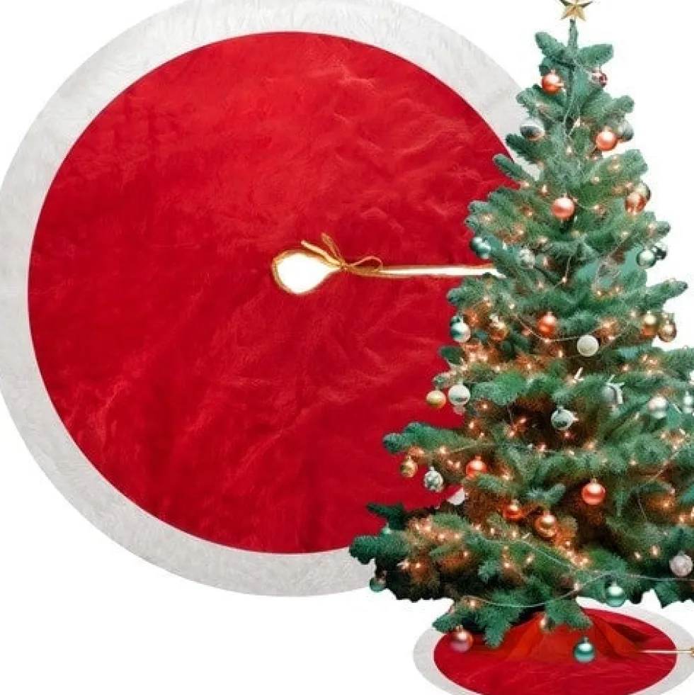 Julgransmatta plysch 90 cm röd/vit/guld i polyester