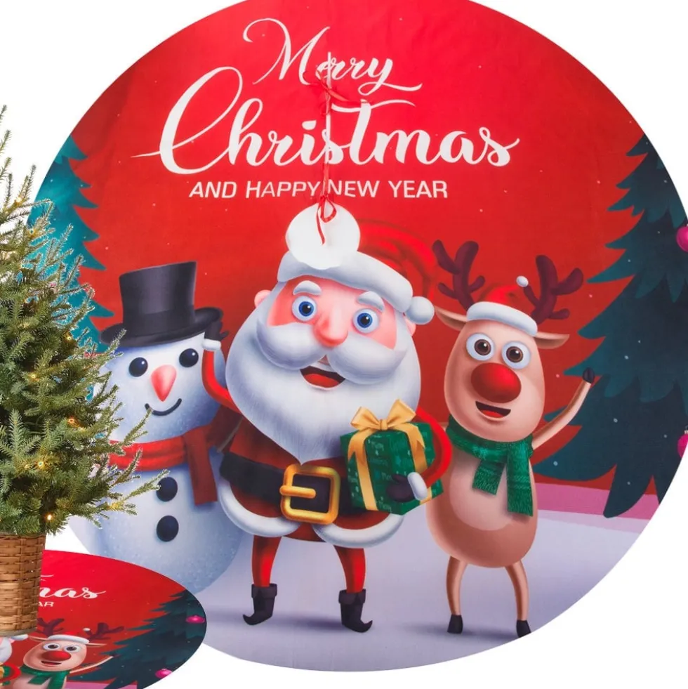 Julgransmatta rund 120 cm i tunn textil, julmotiv slumpas