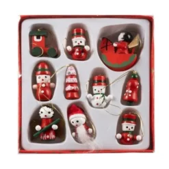 Julgranspynt i trä 10-pack röda julmotiv 2,5–3,5 cm