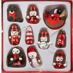 Julgranspynt i trä 10-pack röda julmotiv 2,5–3,5 cm