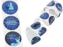 Julklistermärken på rulle 500 st, 8 motiv, blå, Ø4 cm