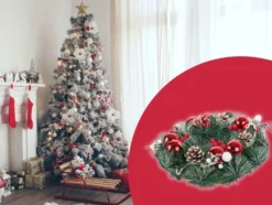 Julkrans 30 cm med kottar, julkulor och rönnbär, röd/vit
