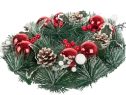 Julkrans 30 cm med kottar, julkulor och rönnbär, röd/vit