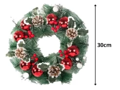 Julkrans 30 cm med kottar, julkulor och rönnbär, röd/vit